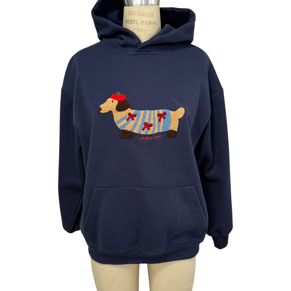 Aelfric Eden Hoodie Women XS Navy Blue Chenille Dachshund Dog Patch Oversized